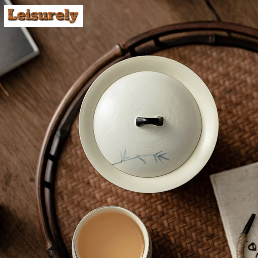 150ml Hand-painted Ink Bamboo Gaiwan Aesthetic Pink Yin White Horseshoe Tea Tureen Tea Maker Cover Bowl Chinese Set Craft