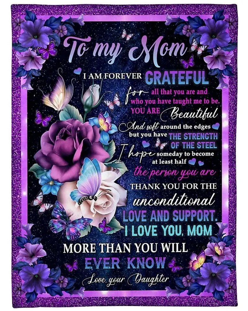 

To My Mom Blanket Gift From Daughter Colorful Flower Butterflies Throw Blankets