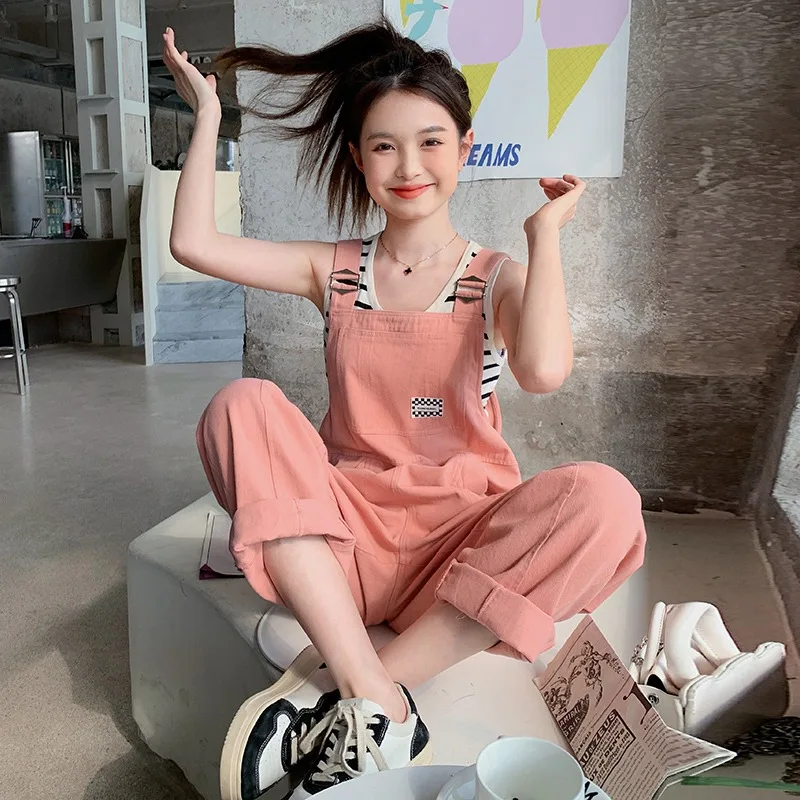 2024 Summer New Jumpsuits Women Korean Sweet Casual Versatile Solid Color Straight Leg Full Length Strap One-piece Pants Female