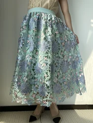 JIAMI Hollow Embroidery Vintage Long Skirt High Quality Flower Luxury Skirt Large Hem Elegant Party Fairy Style Women Clothes