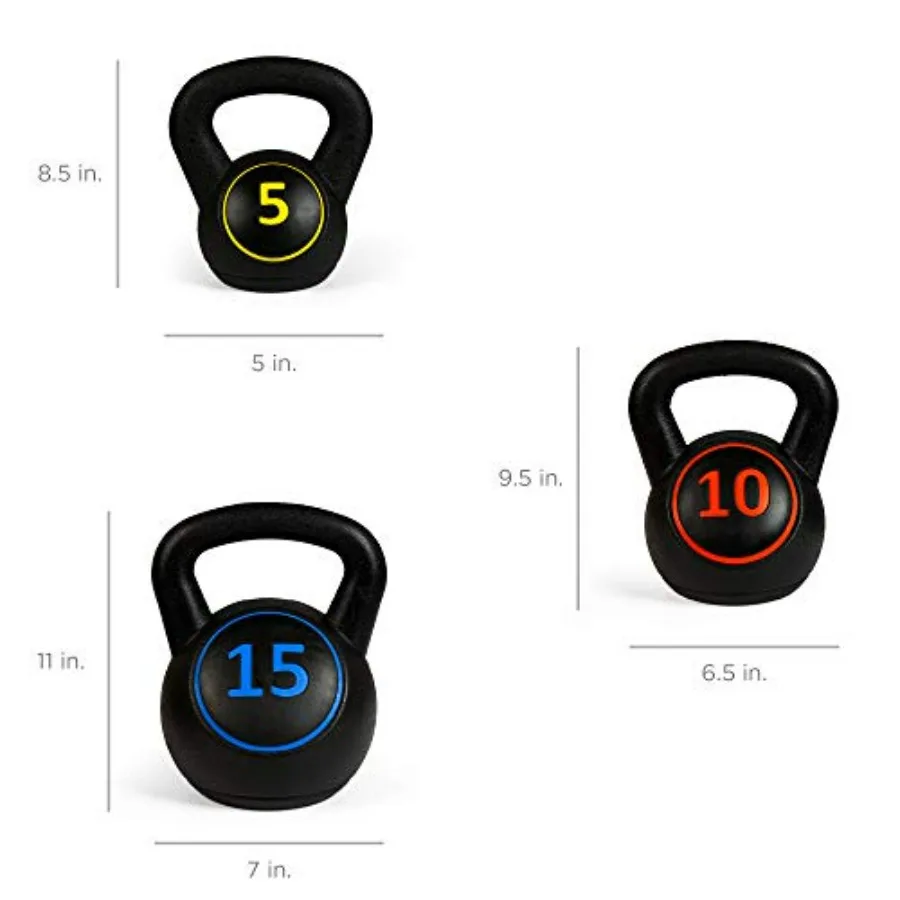 3-Piece Kettlebell Set with Storage Rack, HDPE Coated Exercise Fitness Concrete Weights for Home Gym, Strength Training, HIIT Wo