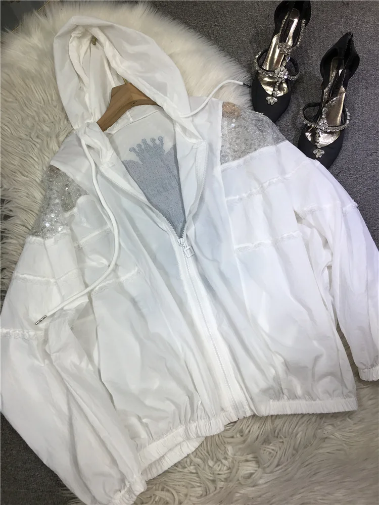 Luxury Shiny Bear Wings Hot Drilling Sunscreen Clothing Women Sequins Loose Hooded Cardigans Coat Summer Thin Jacket Coats