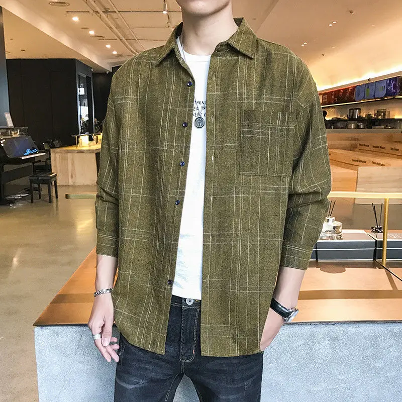 Fashion Lapel Button Spliced Pockets Lattice Shirts Men's Clothing 2022 Autumn New Oversized Casual Tops All-match Korean Shirt