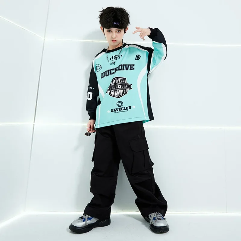 

New Boys Jazz Dance Performance Costumes Letter Print Patchwork Top Casual Cargo Pants Set Streetwear Hip Hop Dance Rave Clothes