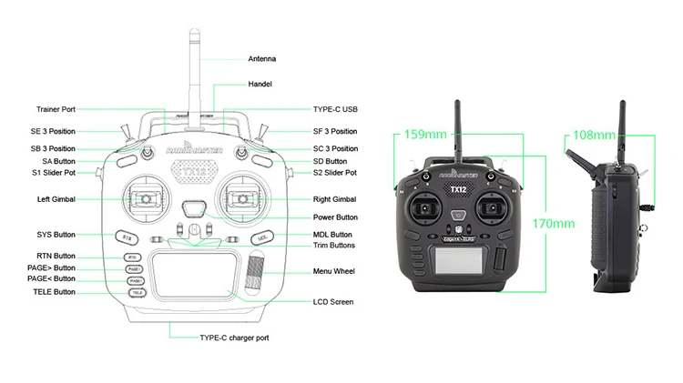 RadioMaster TX12 MKII 16ch Hall Gimbals Support OPENTX and EDGETX Remote Control Transmitter