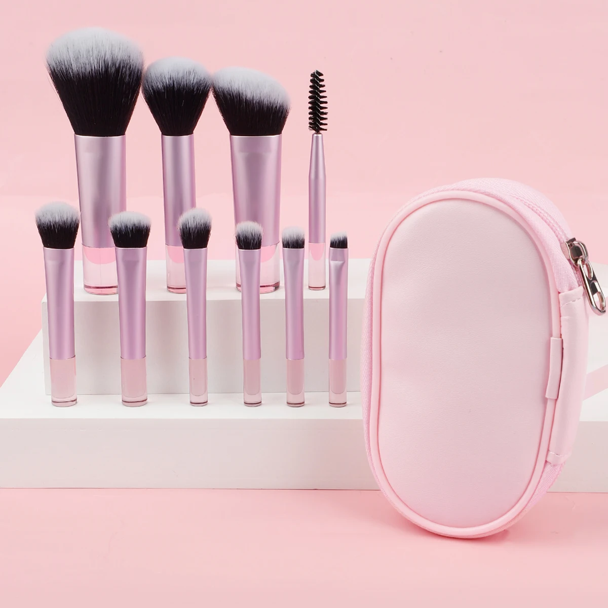 Compact 10-Piece Makeup Brush Set for Face and Eyes - Powder, Foundation, Blush, Concealer Blender Tools