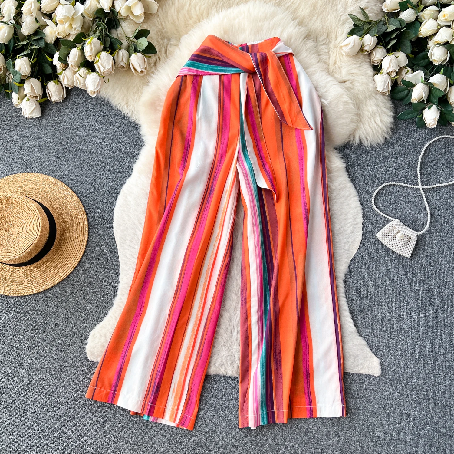 

SuperAen Summer New Style High-end Print High-waist Lace-up Design High Quality Long Pants