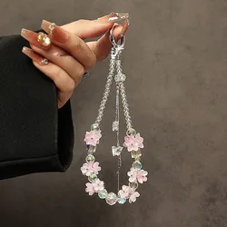 Colorful Beaded Flower Wristlet Phone Charm (Pink)