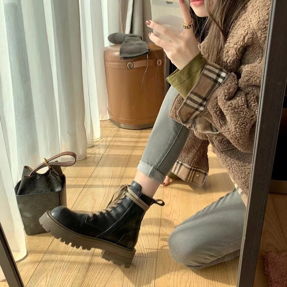 Botas tobilleras de piel auténtica para mujer, botines gruesos, para Otoño, 2021|Botas hasta el tobillo| -