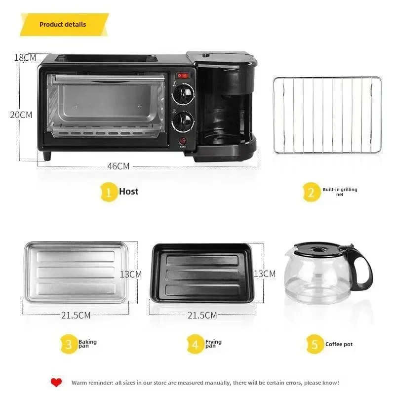 US 110V EU/UK 220V New 3 In 1 Breakfast Makers Set Multifunctional Machine With Toaster Oven Coffee Maker Frying Pan With lid 4