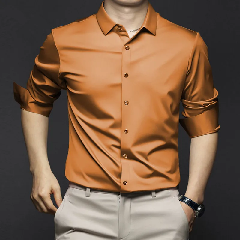 Men's Long Sleeve Shirt Wrinkle-resistant Non-iron Solid Color Business Casual Ice Silk Poplin Shirts 6XL
