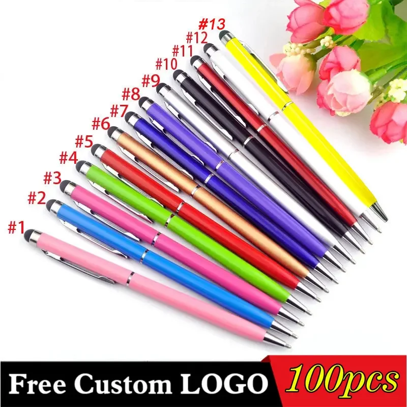 100pcs Mini Metal Universal Touch Screen Stylus Roller Ballpoint Pen 2 In 1 For iPhone iPad Samsung Smartphones Free Custom Logo 50pcs 13 colors mini metal 2 in 1 touch screen stylus universal roller ballpoint pen for iphone ipad samsung free custom logo