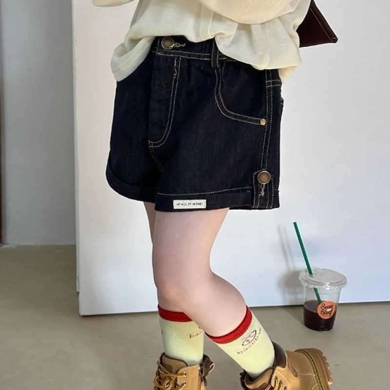  여아 데님 반바지 여름 한국 스타일 루즈핏 캐주얼 청바지 귀여운 패치 롤업 밑단 반바지