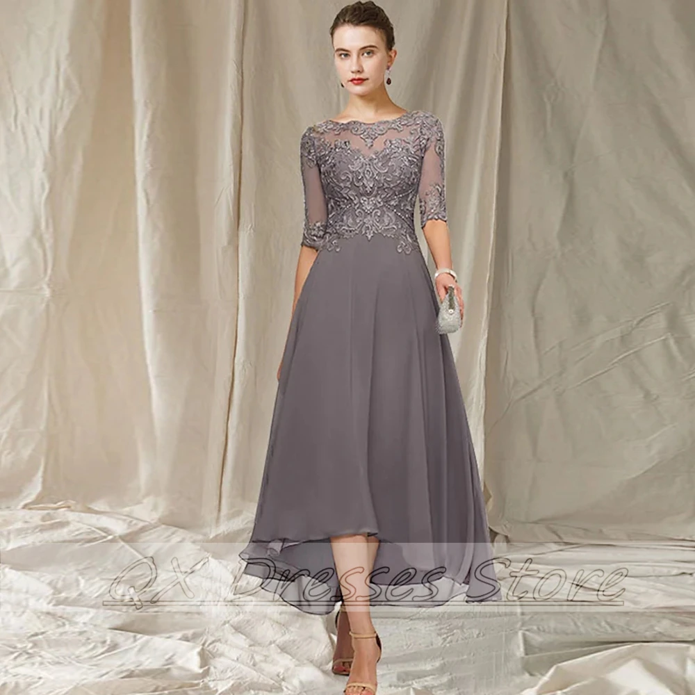 Elegant Applique Mother of the Bridal Dresses Simple Tea Length A-line Chiffon Gust Dress for Wedding Half Sleeve Mom Party Gown mother bride dresses,women party dresses