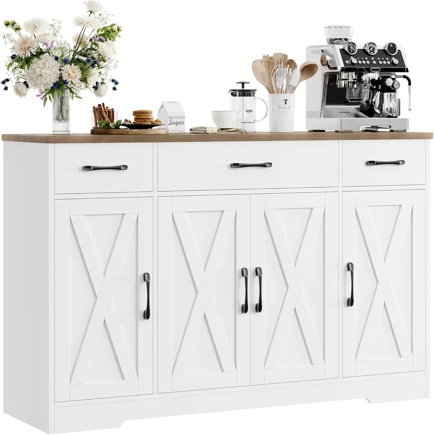 HOSTACK Buffet Cabinet with Drawers, 55" Large Sideboard Buffet Storage Cabinet with Shelves and Doors, Modern Farmhouse Coffee