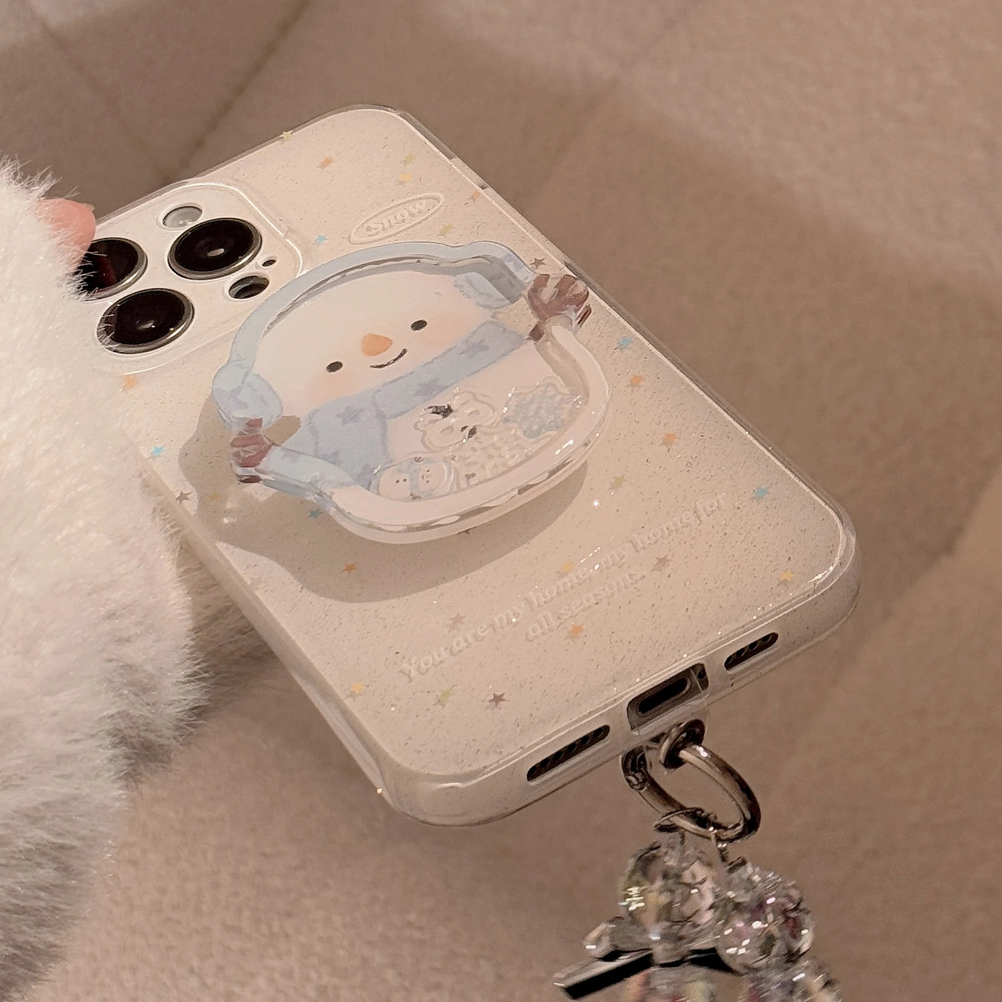 Ins Blue Scarf Snowman Star Bracket Bow Bracelet Glitter Powder Phone Case for iPhone 16 15 14 13 12 Pro Max 11 Back Cover Funda