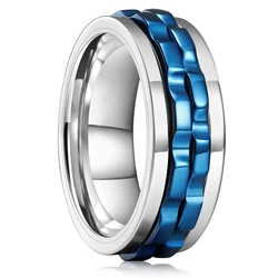 Enhanced Titanium Steel Chain Spinner Ring - Fashion Punk Style Fidget Jewelry - 8 (SilverBlue)