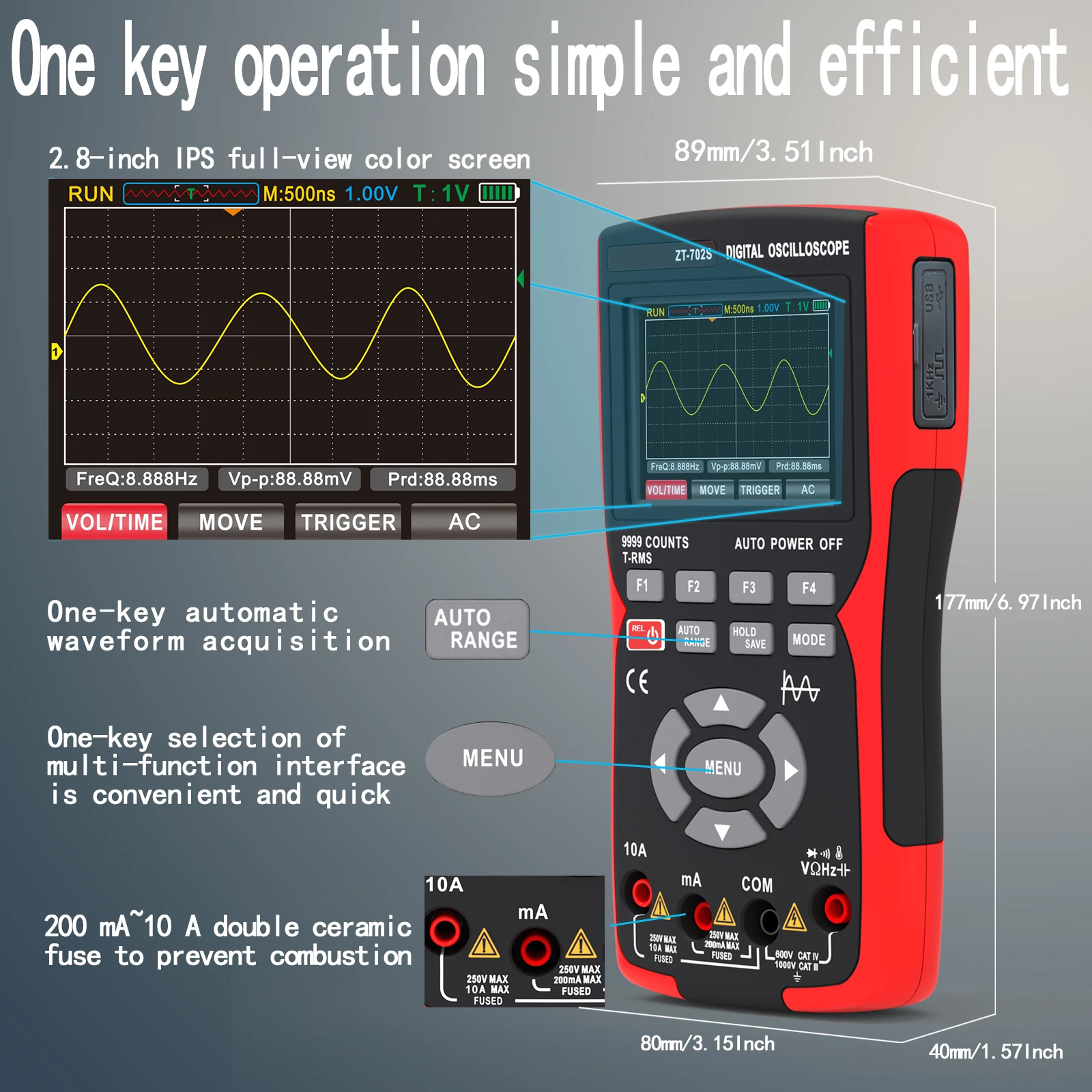 ZOYI ZT-702S 2 in 1 Handheld Digital Automotive Oscilloscope Multimeter, Single Channel 10MHZ Bandwidth,64Kbyte Record Length,48 3