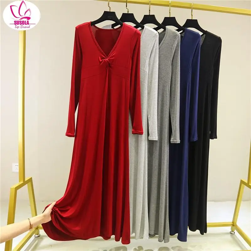 

Женское весенне-осеннее облегающее свободное платье, соблазнительное Красное вязаное хлопковое однотонное повседневное черное платье миди с длинным рукавом и V-образным вырезом для женщин