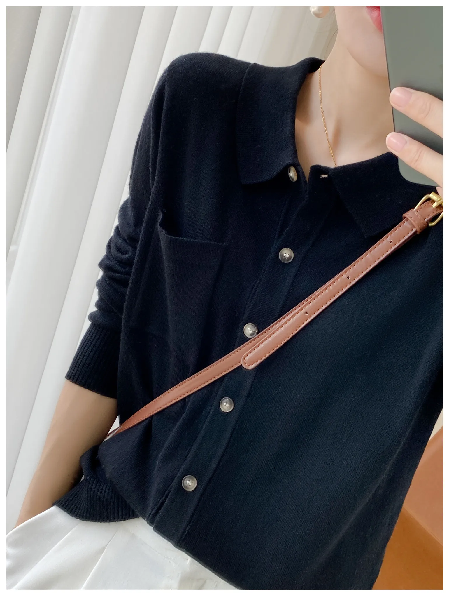 WinvyNee Women's Elegant Spring Knitted Cardigan Wool Polo Neck With Pockets Solid All-Match Casual Soft Tops Coats ZB1047006