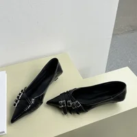 Women Shoes  Fashion Pointed Toe Low Heel Pumps Brand Belt Buckle Shallow Slip on Ballet Elegant Pumps for Party Dress 2