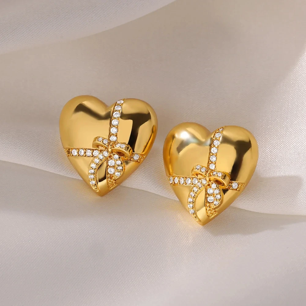 Cross Bowknot Heart Earrings for Women Stainless Steel Gold Color