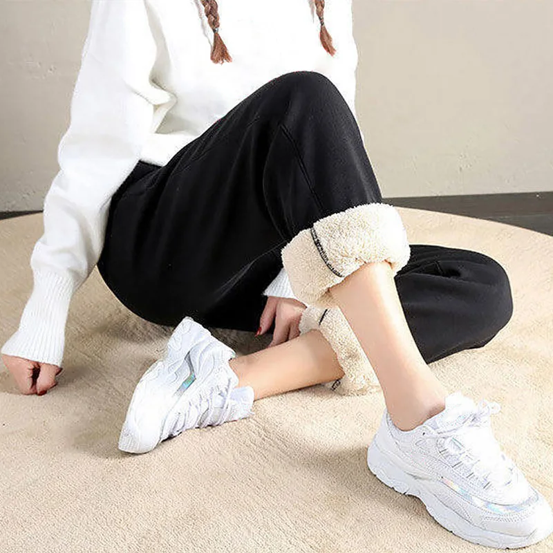 Winter Lambswool Warm Casual Pants Winter Fleece Lined Sweatpants High Waist Stretchy Thick Warm Thermal Pants 5