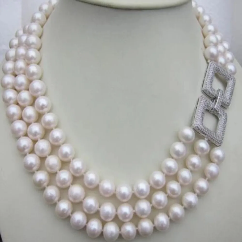 

Hand knotted 3 rows necklace natural 9-10mm white freshwater pearl nearly round pearl micro inlaid zircon accessory 17-19inch