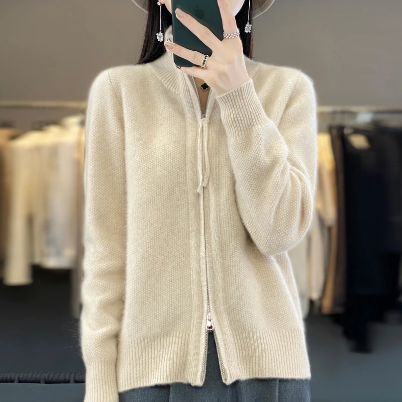 100% Merino wool sweater Autumn winter new women's lapel double zipper shirt fashion solid color knitted warm base shirt top 6