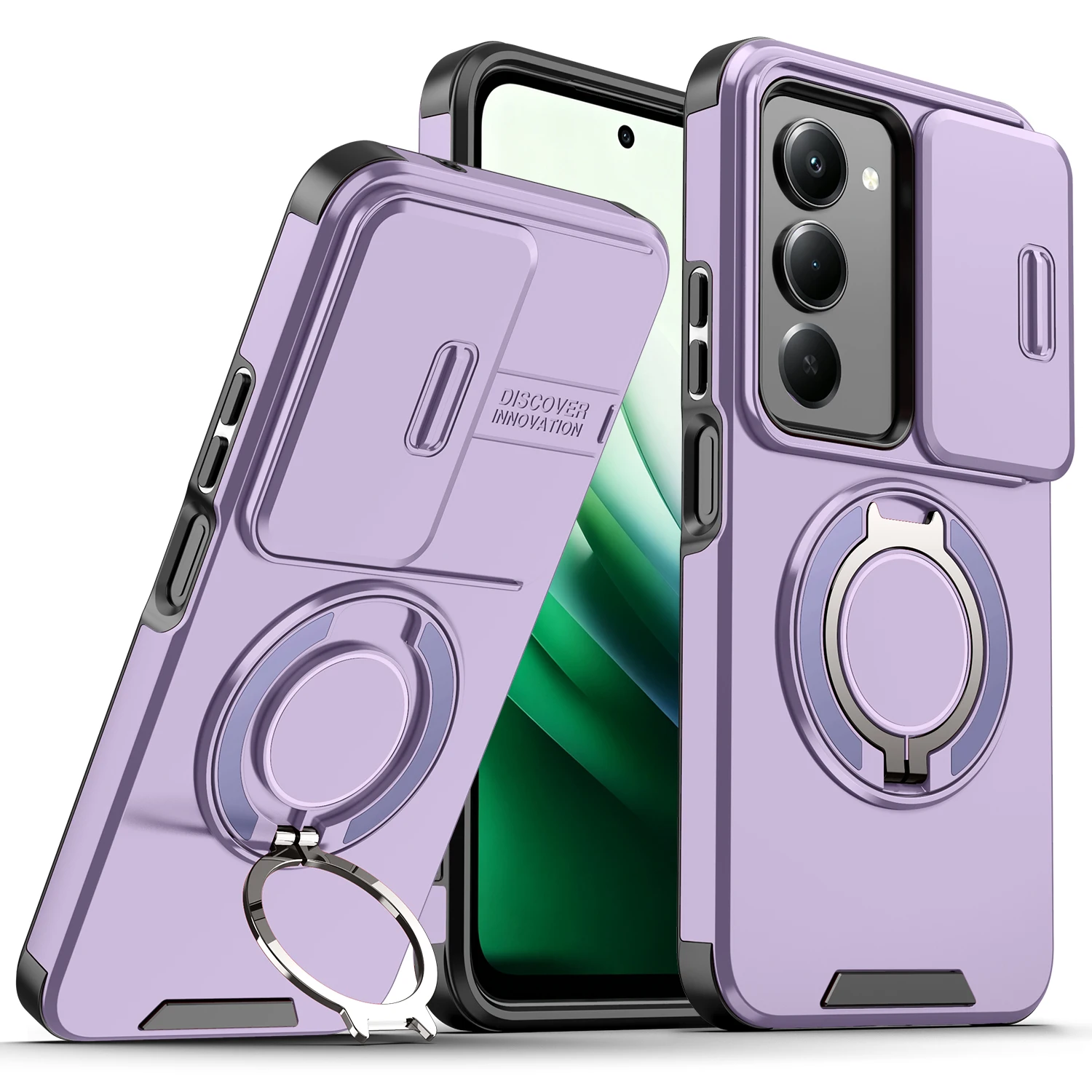 Enhanced Protective Armor Case with Slide Lens Protection and Magnetic Ring Holder