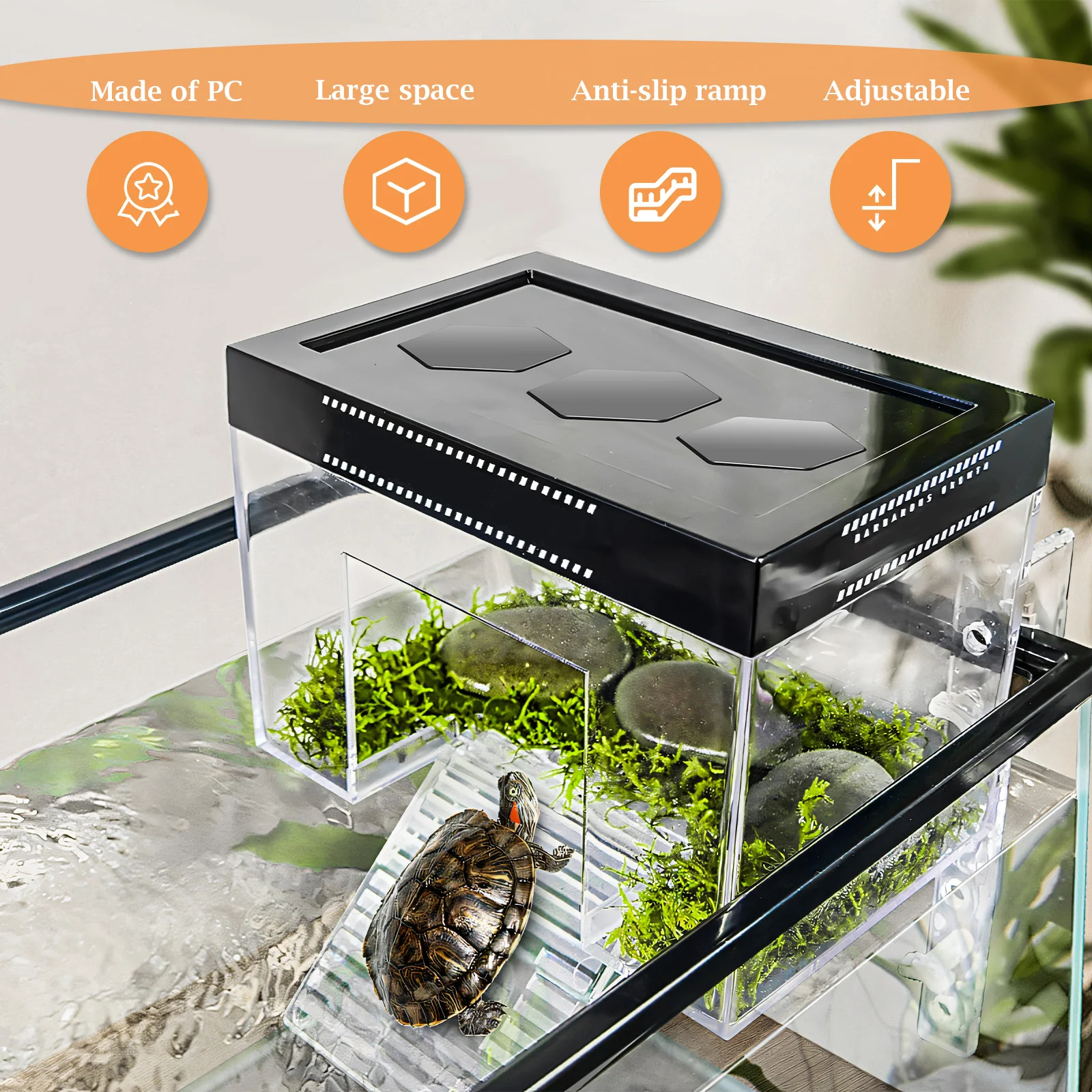 Adjustable Turtle Basking Platform Transparent PC Hanging Turtle Basking Land with Ramp Reptile Resting Platform for Aquarium