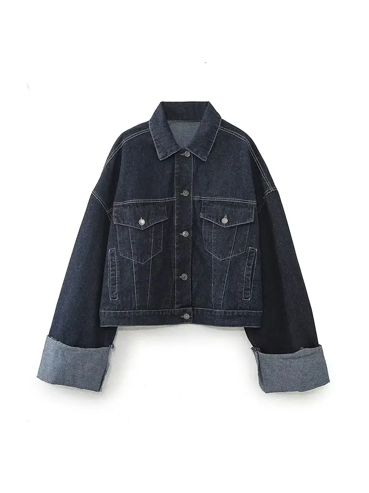 TRAF 2023 Autumn Women Fashion Loose Short Denim Jacket + Draped Wide-leg Jean 2 Piece Set Suit 4