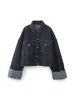 TRAF 2023 Autumn Women Fashion Loose Short Denim Jacket + Draped Wide-leg Jean 2 Piece Set Suit 4