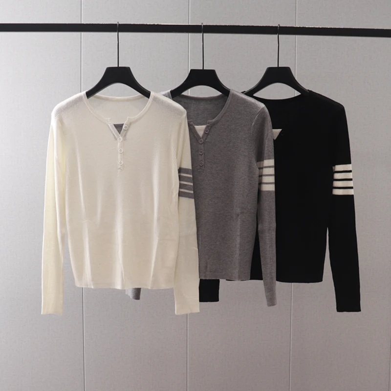 

Autumn New Stripe Cuff Four Bar Round Neck Pullover Long Sleeve Knit Versatile Slim Bottom Top