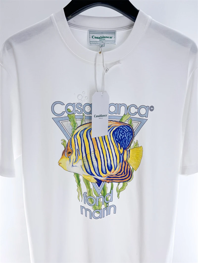 

New Fasion Heavy Fabric Fish Casablanca T-shirt Men Women 1:1 Top Quality Oversized Casual Tees T Shirt