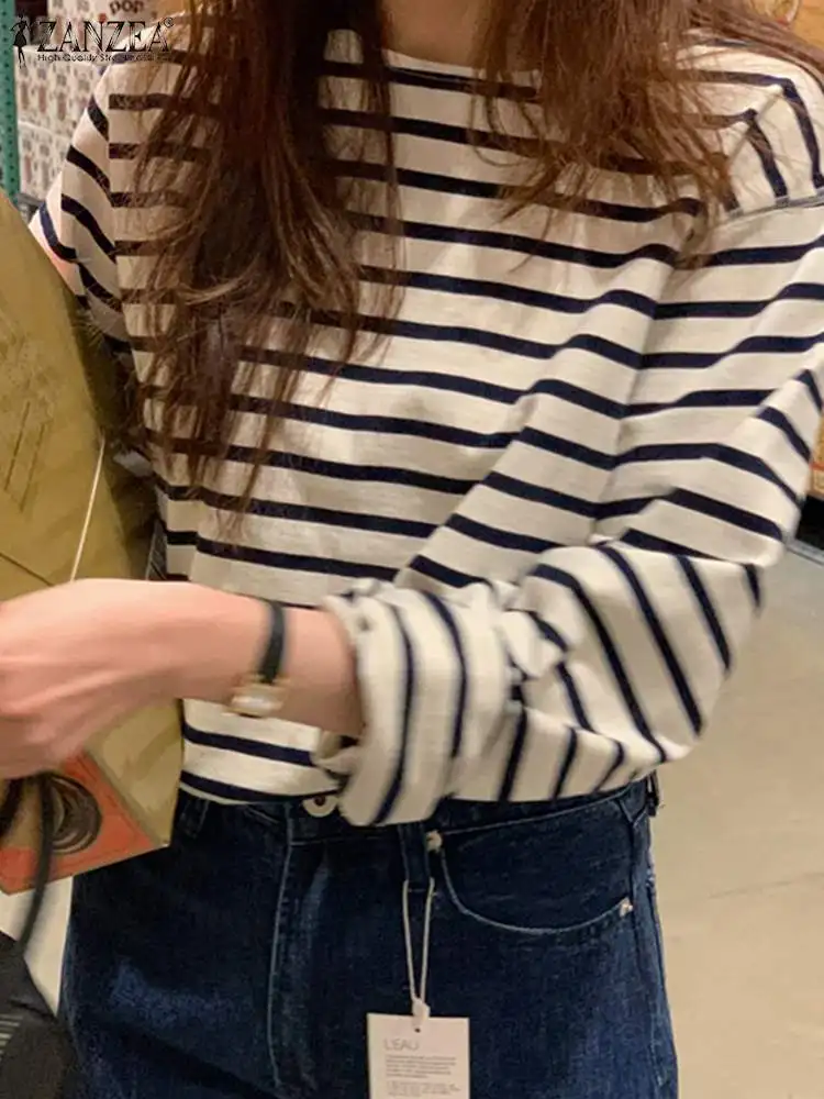 

Женская модная блузка ZANZEA в полоску с длинным рукавом и круглым вырезом, туника, топы, элегантные праздничные женские блузы, Повседневная Женская блузка 2024