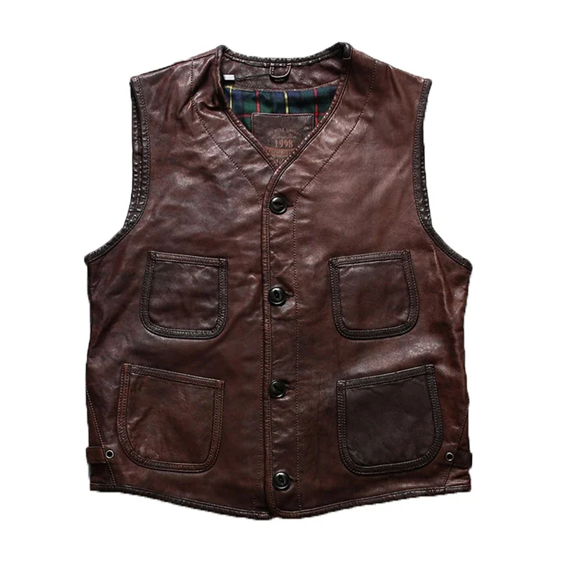 

Summer men's new casual leather biker undershirt factory direct brown vintage soft V-neck single-breasted sheepskin waistcoat