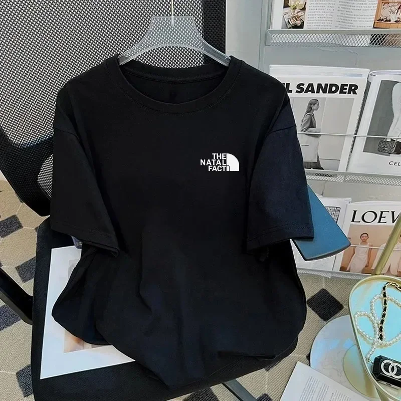 Womens T Shirt Sports Summer Cotton Loose Tops Tees Woman Black Letter Print Short Sleeve