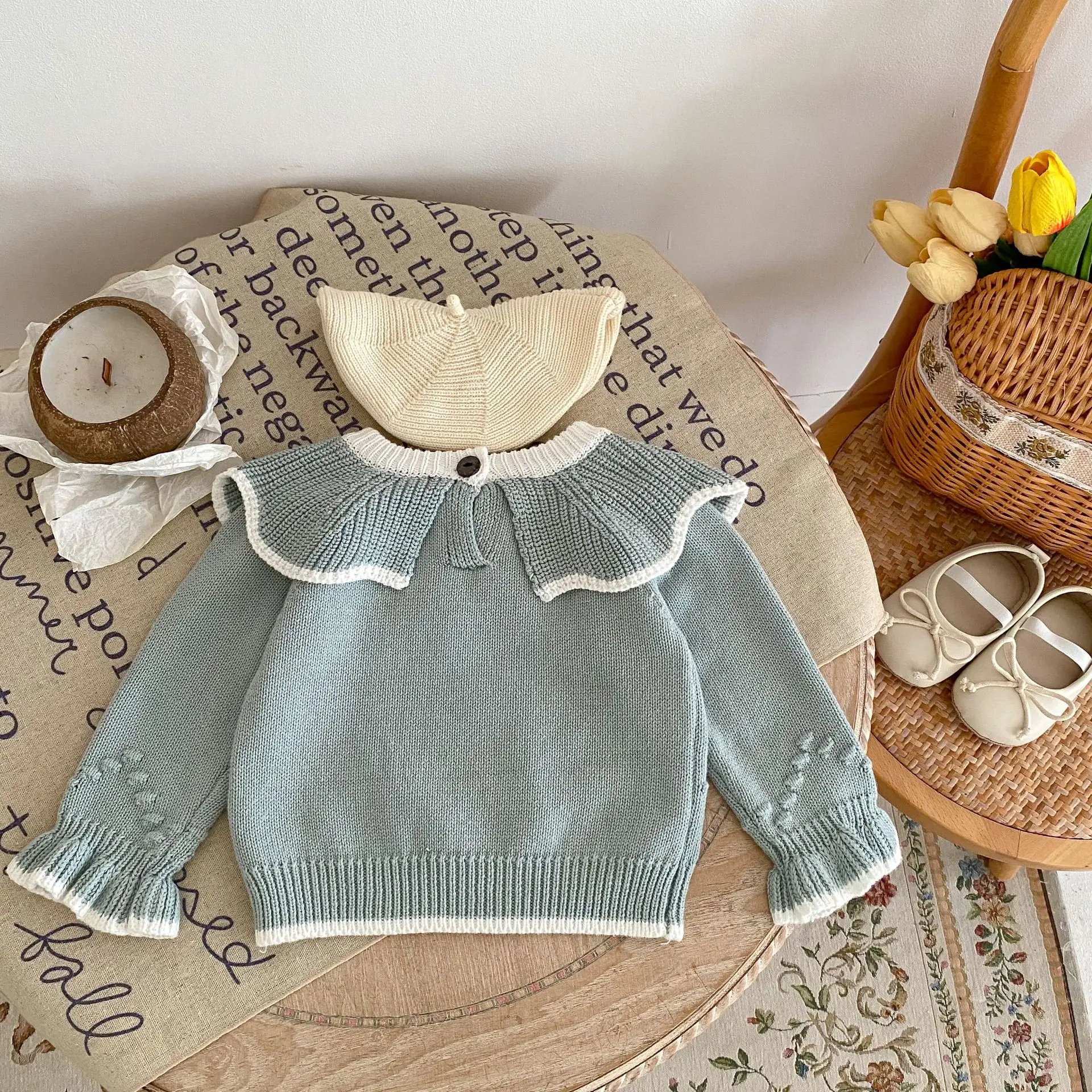 Baby Girls Sweater Spring And Autumn Girl Baby Fashion Versatile Handmade Ball Ball Lotus Collar Pullover Sweater Knit