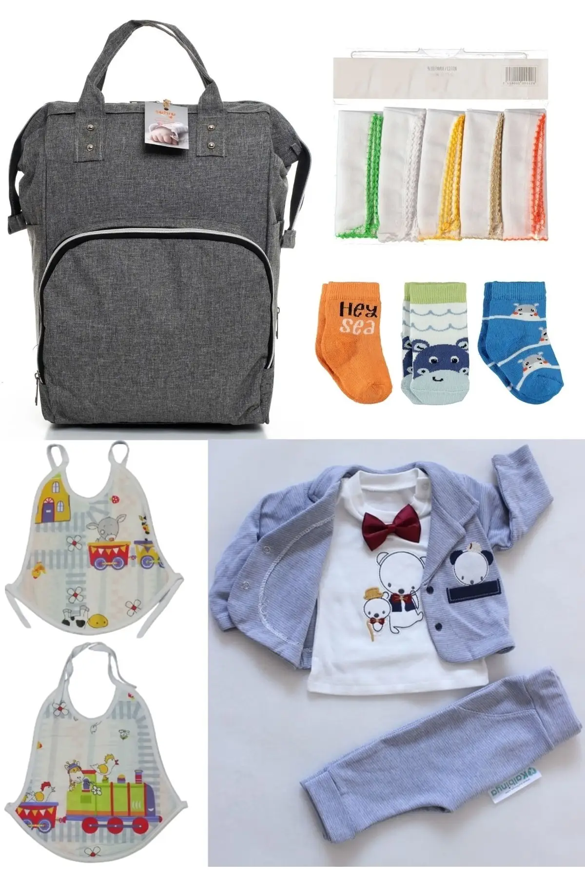 

6 Piece Birth Set (Baby Care Backpack, hospital Exit, 10-Hand Wipes, 3-Socks And 2-Piece Set) Gray