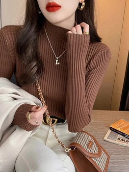 Women Autumn Half Turtleneck Sweater Ribbed Long Sleeve Knitted Basic Pullover Sweater Female Winter Soft Slim Jumpers Top