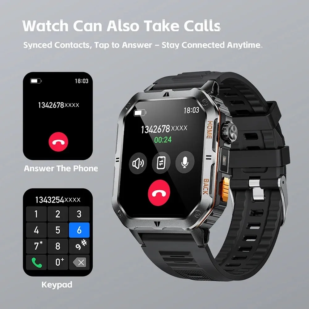 Military 1000mAh Smart Watches for Men 3ATM Waterproof LED Light BT Call Smartwatch Fitness Sports Watch for Woman Android 2026