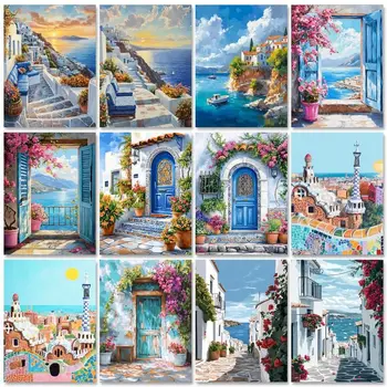 GatyzQuantité-Peinture acrylique par numéros pour adultes, paysage de ville, peint à la main, cadeau unique, décoration d'intérieur 1