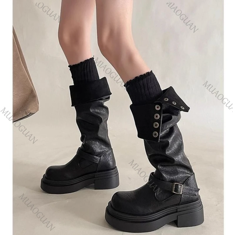 Women's Knee-high Platform Boots Synthetic Leather Motorcycle Style_voghion.com