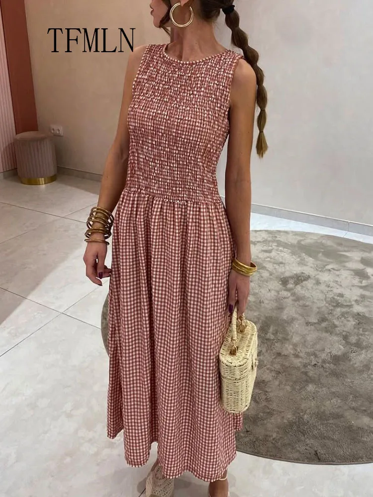 TFMLN Chic Casual Plaid Women Dresses Elegant O-Neck Pleated Sleeveless Long Pullover Dress 2025 Fashion Summer Female Vestido