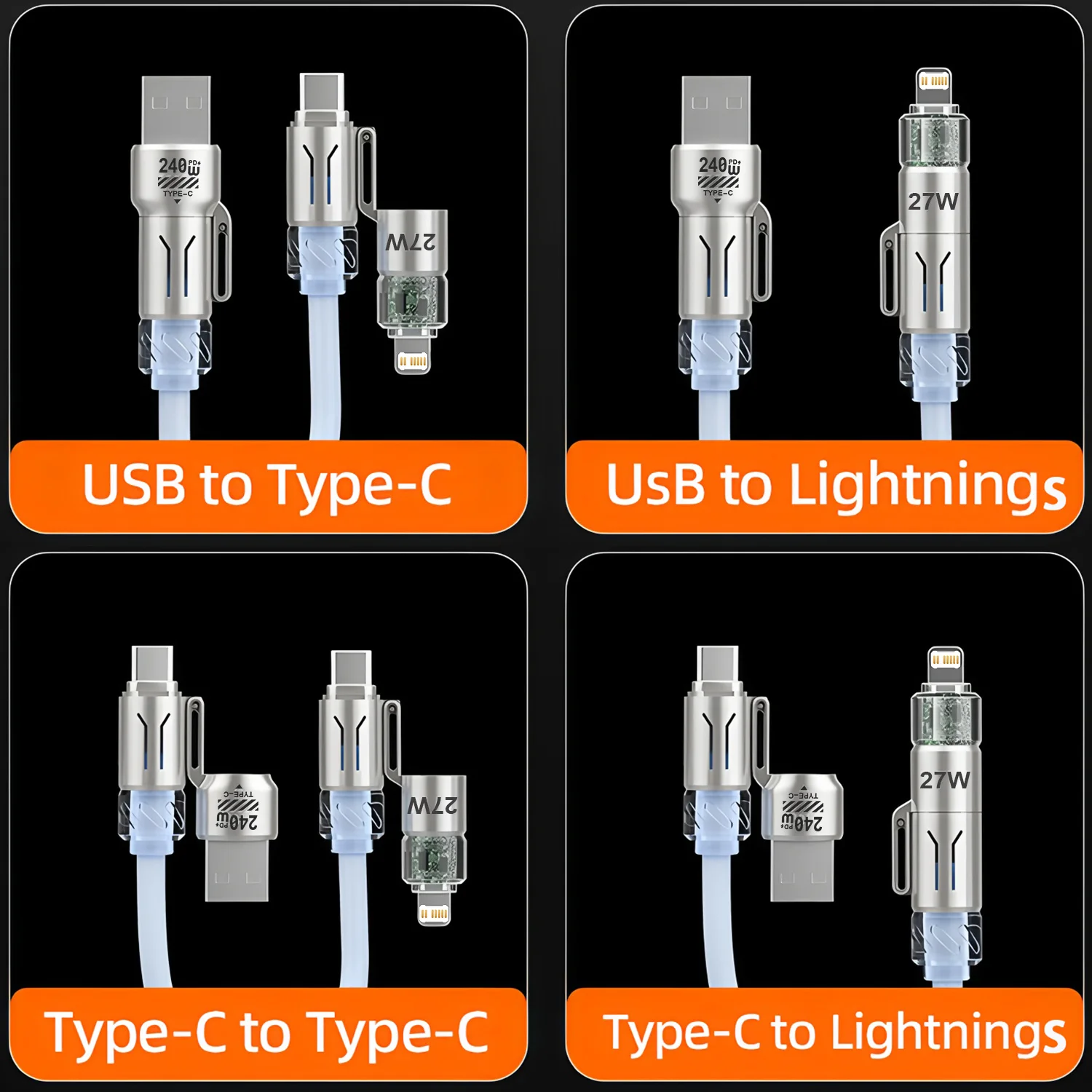 2M 4 in 1 PD 27W 240W 고속 충전 스프링 케이블 USB C타입 to C타입 및 라이트닝 데이터 케이블 아이폰 15 16 삼성용 ?