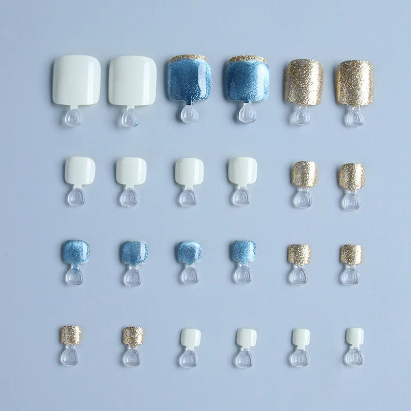 24pcs Gold Glitter Sequins False Toenails Fashion Blue Square Head Artificial Toe Nails Detachable Fake Toe Nails Full Cover