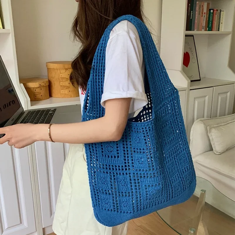 Designer Knitted Handbags Female Large Capacity Totes Women's Pack Summer Beach Bag Big Purses Casual Hollow Woven Shoulder Bags - 4
