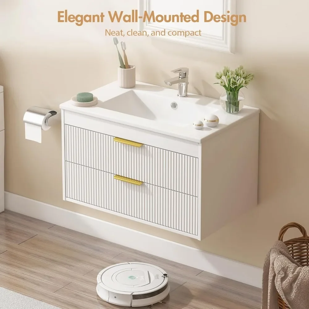 30" Bathroom Vanity Cabinet with Ceramic Sink, Wall-Mounted Floating Vanity, 2 Large Storage Drawers, with Sensor LED Light 5