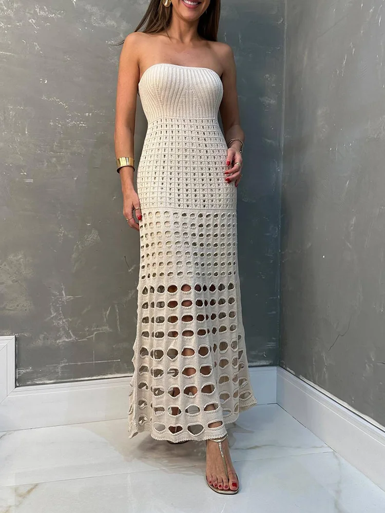 Swimsuit cover up Summer Hollow Out Bandeau Dress Sexy Women Bikini Cover-ups See Through Maxi Dress Lady Solid Swimsuit Beach Party